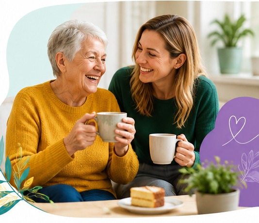 Two women sharing a warm conversation over tea in a comfortable home setting